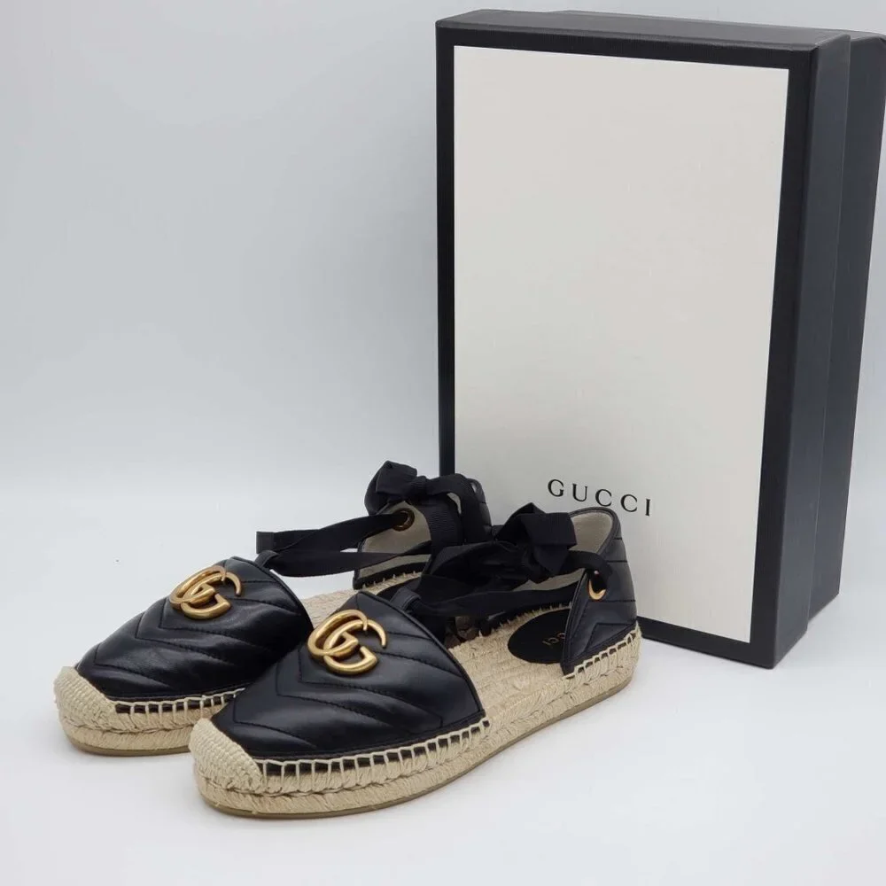 Authentic Gucci GG Marmont Espadrille Sandals Black Leather Gold Logo Brand New - Picture 12 of 13